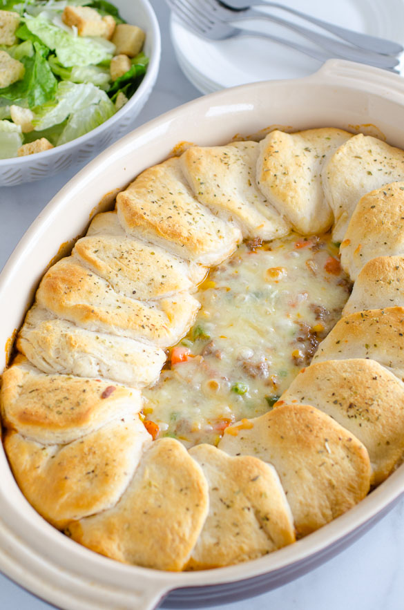 Italian casserole topped with canned biscuits. 