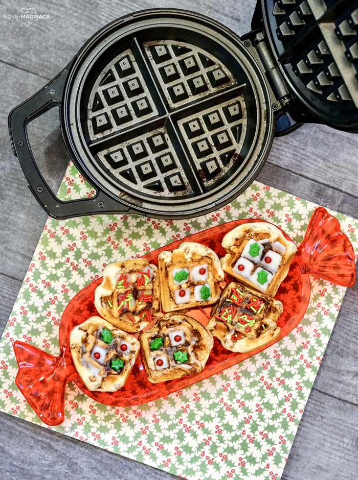 Cinnamon Roll Waffles with a holiday flare is your new favorite Christmas breakfast.