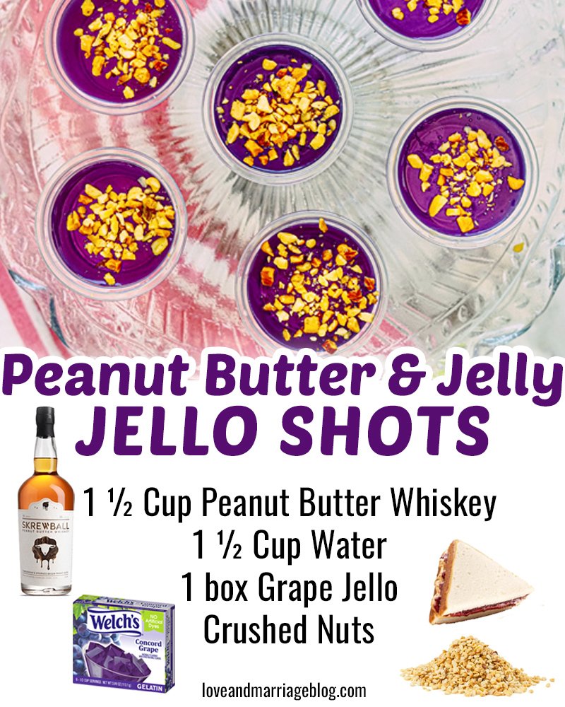 Peanut butter and jelly shot with grape jello, peanut butter whiskey and crushed peanuts on top. Super fun jello shot recipe. #Recipes