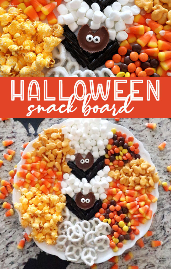This Bat Snack Board is so easy and perfect for a Halloween spooky movie night! Make Reese's bats and fill it up with your favorite treats. #Recipes #Halloween Charcuterie Board