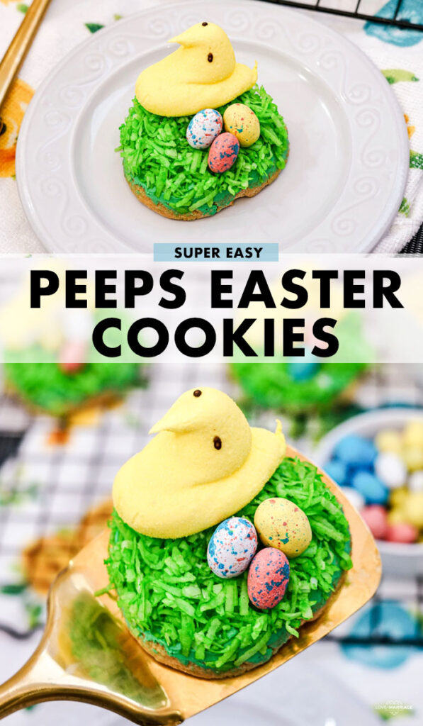 Easter cookies topped with a yellow Peep chick, coconut green "grass" and Robin's egg candies. Adorable and super easy to make. #recipes #easter #cookies