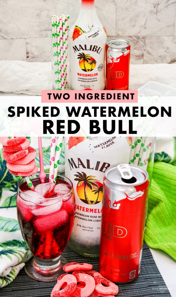 Yummy two-ingredient cocktail recipe. If you like watermelon you will really enjoy this Spiked Watermelon Red Bull drink. 