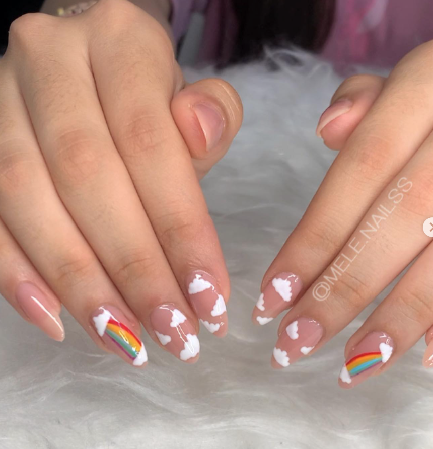 White Nails - white clouds with a tiny rainbow