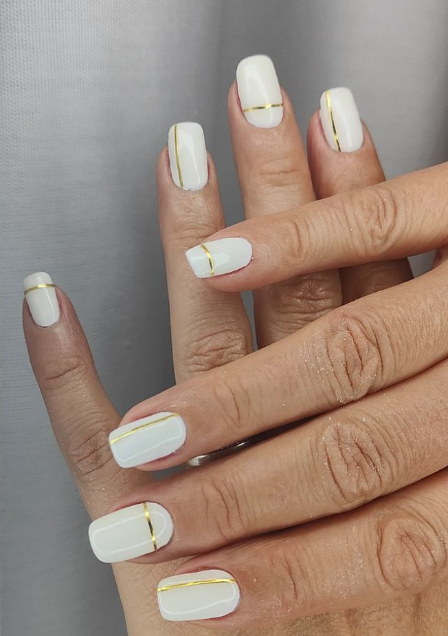 White Nails - creamy white with gold stripes