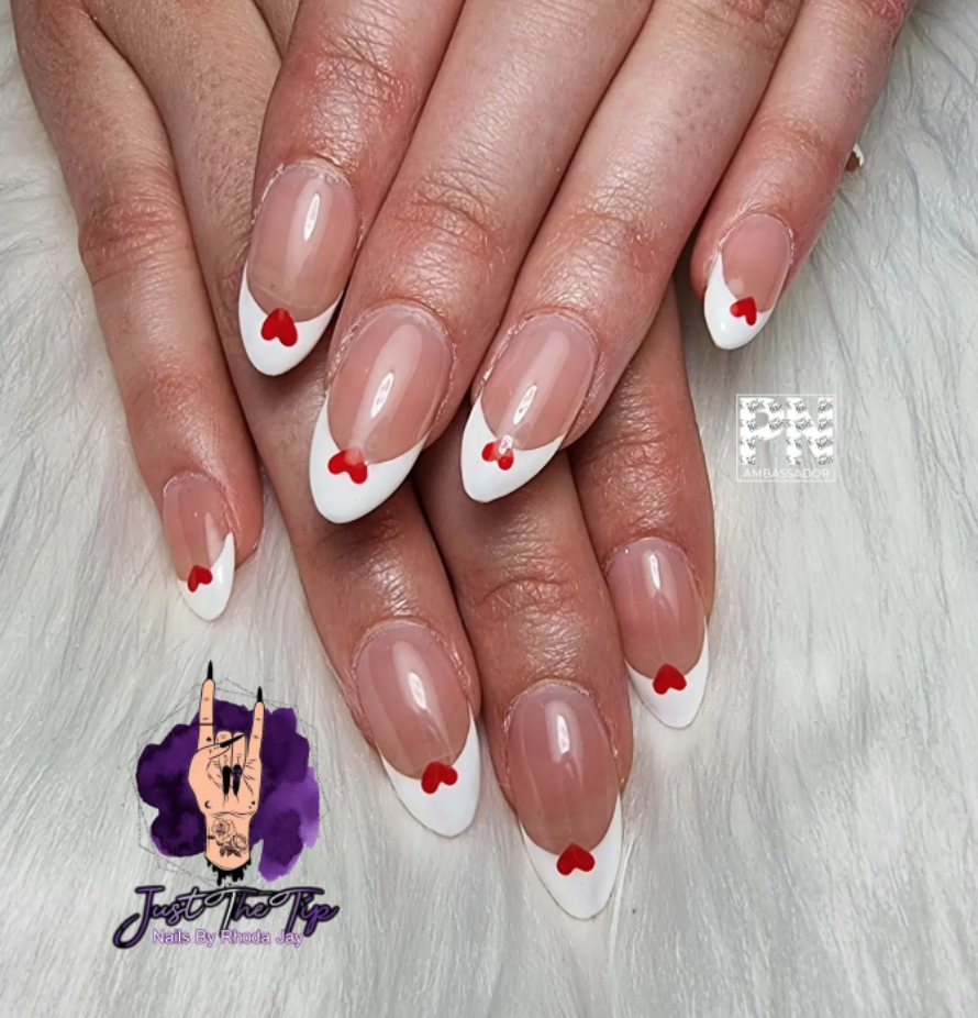 White Nails - with tiny red hearts