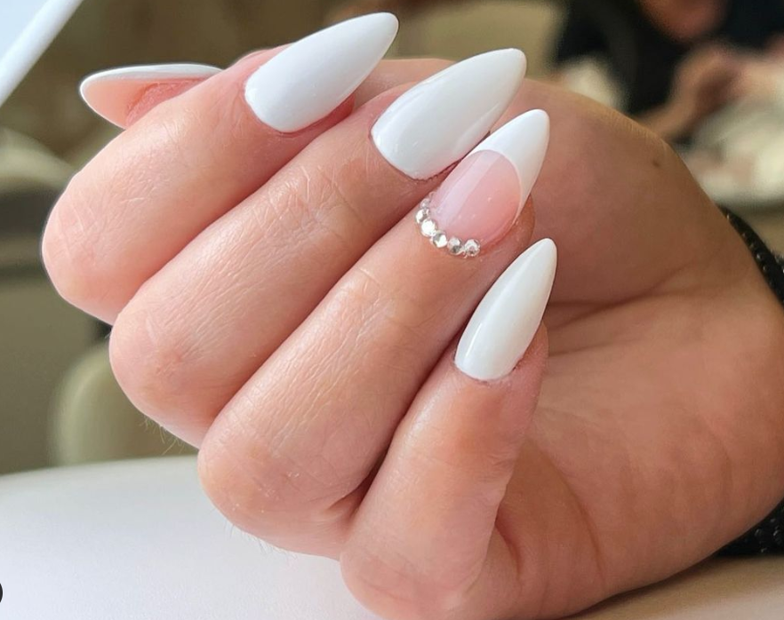 White Nails - with rhinestones. Perfect wedding nails.