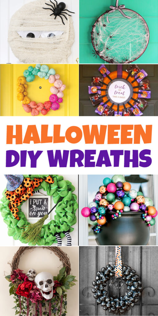 Add some festive Halloween decor to your front door by creating one of these DIY Halloween Wreath Ideas. Fun + simple crafts! #halloween #diy 