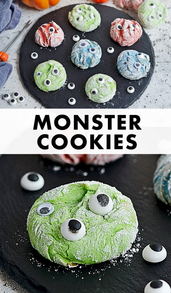Fun and delicious Monster Cookies for Halloween in fun colors with silly candy eyeballs. Soft and Chew cookie recipe made with a cake mix. #dessert #recipes #halloween #cookies