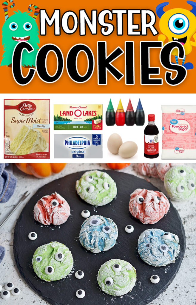 Fun and delicious Monster Cookies for Halloween in fun colors with silly candy eyeballs. Soft and Chew cookie recipe made with a cake mix. #cookies #halloween #recipes