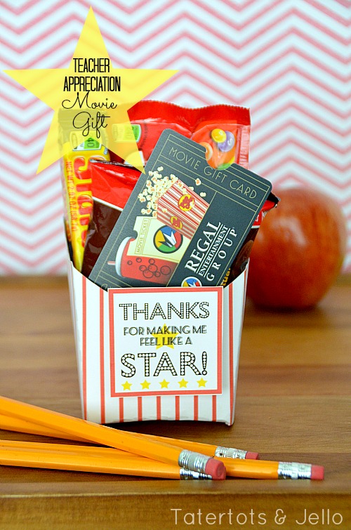 Movie gift card and popcorn (and printable) teacher gift.