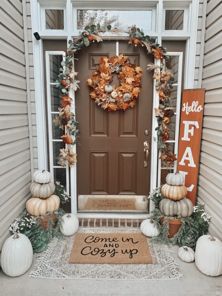 Fall Front Porch Decor Ideas. Cute and cozy front porch with faux greenery.