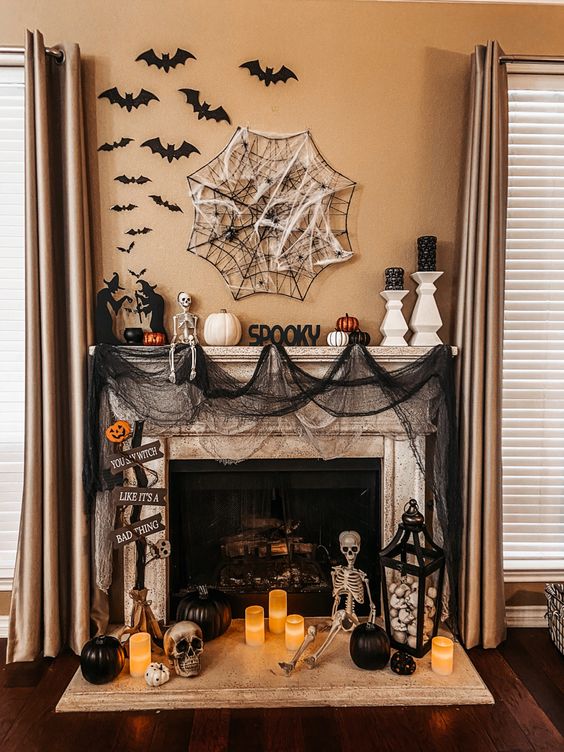 Spooky Black Halloween Mantle Idea