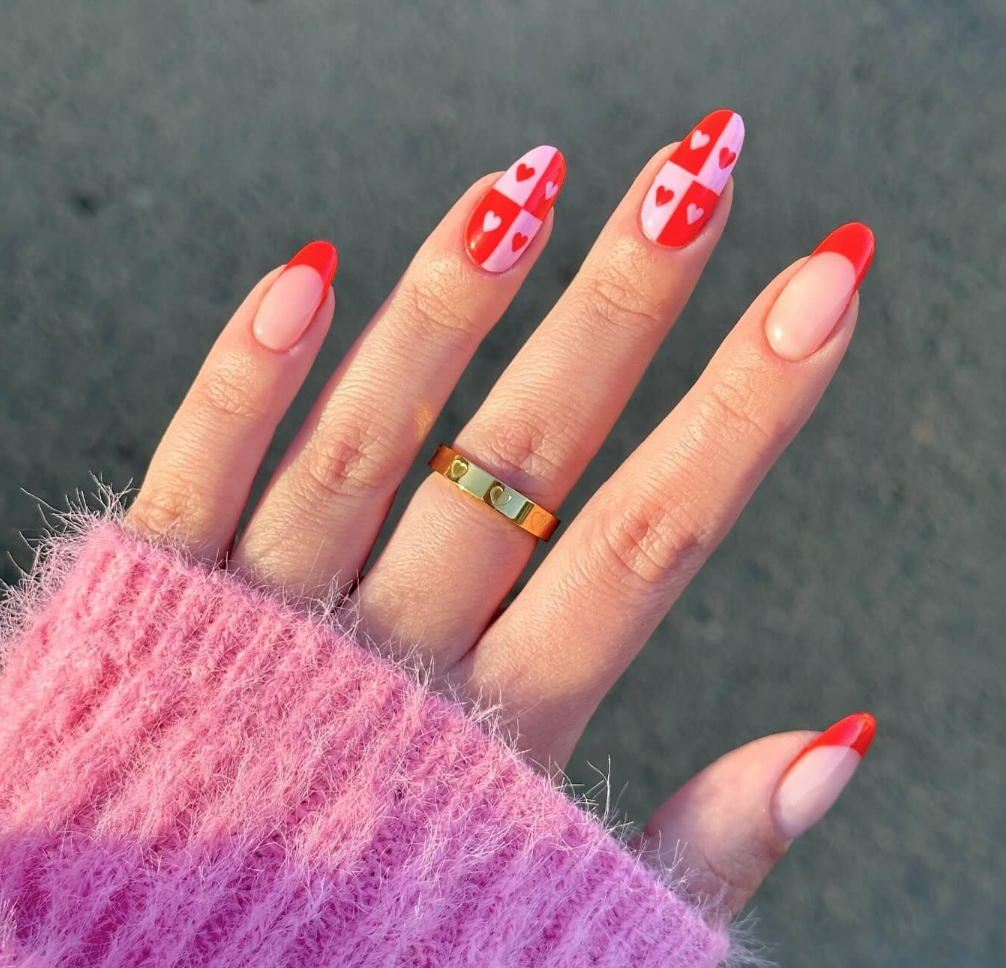 Checkered Red and Pink Hearts - Valentines Day Nails