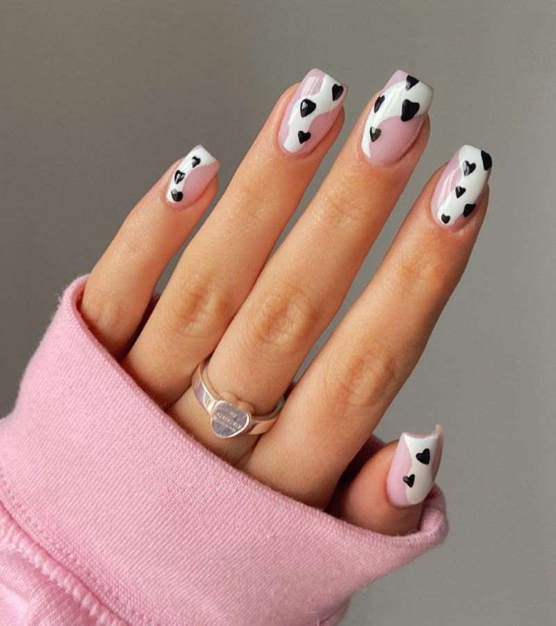 Pink Hearts Cow Print Nails for Valentine's Day - Valentines Day Nails